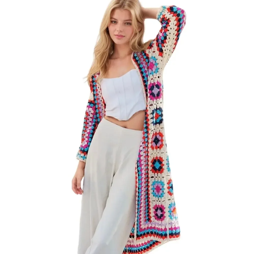NWT DAVI & DANI Multicolor Granny Square  Boho Crochet Long Cardigan - Picture 2 of 6
